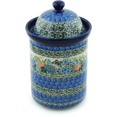 Polish Pottery Large Canister 11&quot; Baby&#039;s Breath Butterfly UNIKAT