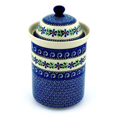 Polish Pottery Large Canister 11&quot; Blue Daisy Swirls