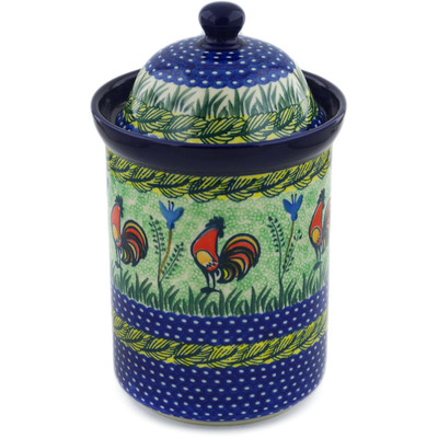 Polish Pottery Large Canister 11&quot; Rooster Parade UNIKAT
