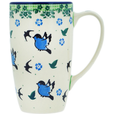 Polish Pottery Latte Mug Blue Bird Babies