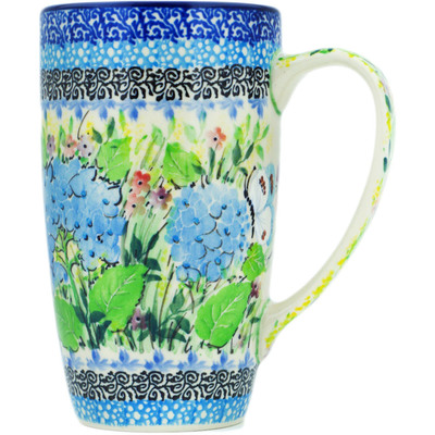 Polish Pottery Latte Mug Blue Hydrangea UNIKAT