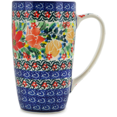 Polish Pottery Latte Mug Red And Yellow Flowers UNIKAT