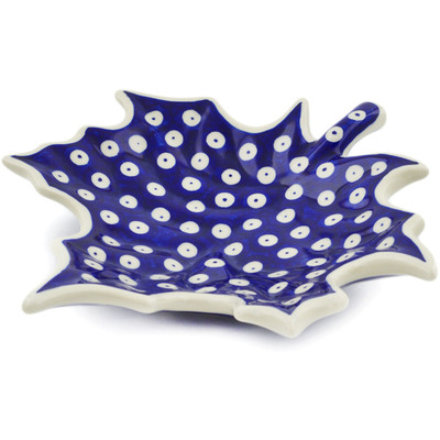 Polish Pottery Leaf Shaped Bowl 10&quot; Blue Eyed Peacock