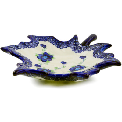 Polish Pottery Leaf Shaped Bowl 10&quot; Blue Poppies