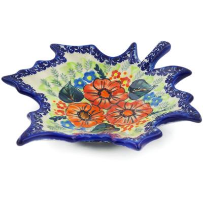 Polish Pottery Leaf Shaped Bowl 10&quot; Bold Red Poppies UNIKAT