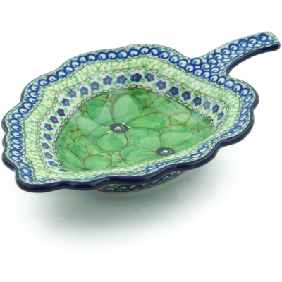 Polish Pottery Leaf Shaped Bowl 10&quot; Green Pansies UNIKAT