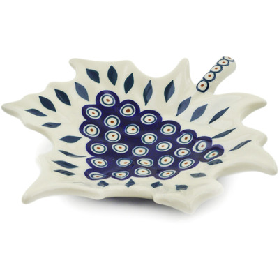 Polish Pottery Leaf Shaped Bowl 10&quot; Peacock