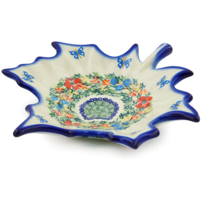 Polish Pottery Leaf Shaped Bowl 10&quot; Ring Of Flowers UNIKAT