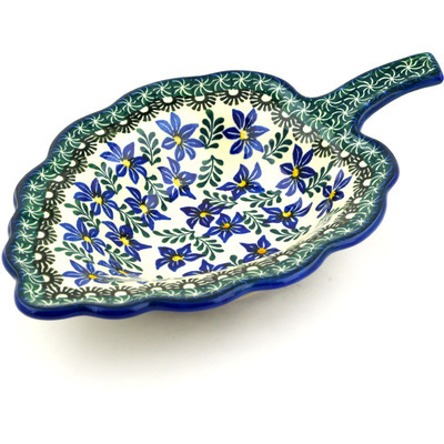 Polish Pottery Leaf Shaped Bowl 11&quot; Blue Violets
