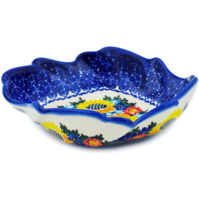 Polish Pottery Leaf Shaped Bowl 5&quot; Sunflower UNIKAT