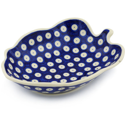 Polish Pottery Leaf Shaped Bowl 8&quot; Blue Eyed Peacock