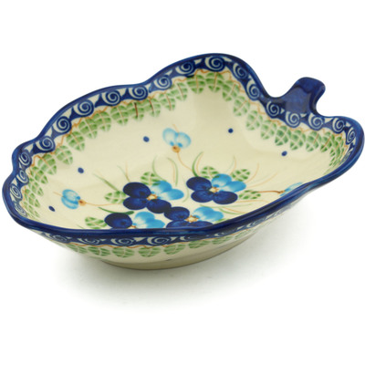 Polish Pottery Leaf Shaped Bowl 8&quot; Blue Pansy