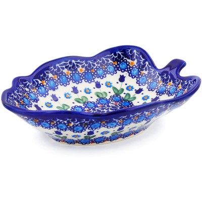 Polish Pottery Leaf Shaped Bowl 8&quot; Blue Tulip Garden UNIKAT