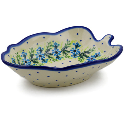 Polish Pottery Leaf Shaped Bowl 8&quot; Blue Wreath