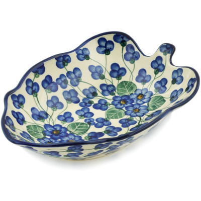 Polish Pottery Leaf Shaped Bowl 8&quot; Blueberry Flower UNIKAT