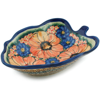 Polish Pottery Leaf Shaped Bowl 8&quot; Bright Beauty UNIKAT