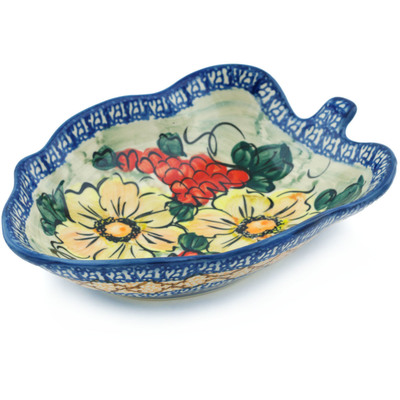 Polish Pottery Leaf Shaped Bowl 8&quot; Colorful Bouquet UNIKAT