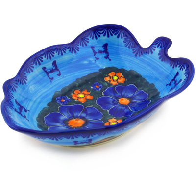 Polish Pottery Leaf Shaped Bowl 8&quot; Midnight Garden
