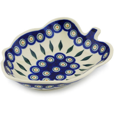 Polish Pottery Leaf Shaped Bowl 8&quot; Peacock