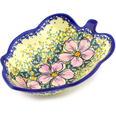 Polish Pottery Leaf Shaped Bowl 8&quot; Pink Primrose UNIKAT