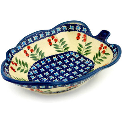 Polish Pottery Leaf Shaped Bowl 8&quot; Red Berries