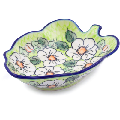 Polish Pottery Leaf Shaped Bowl 8&quot; White Flower Bouquet UNIKAT