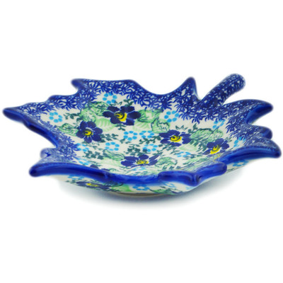 Polish Pottery Leaf Shaped Bowl 9&quot; Blue Floral Day UNIKAT