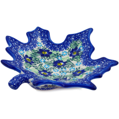 Polish Pottery Leaf Shaped Bowl 9&quot; Blue Floral Day UNIKAT