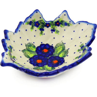 Polish Pottery Leaf Shaped Bowl 9&quot; Bold Blue Pansy