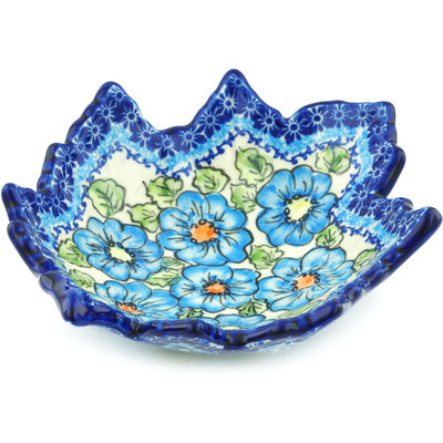 Polish Pottery Leaf Shaped Bowl 9&quot; Bold Blue Poppies UNIKAT