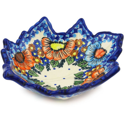 Polish Pottery Leaf Shaped Bowl 9&quot; Bold Poppies