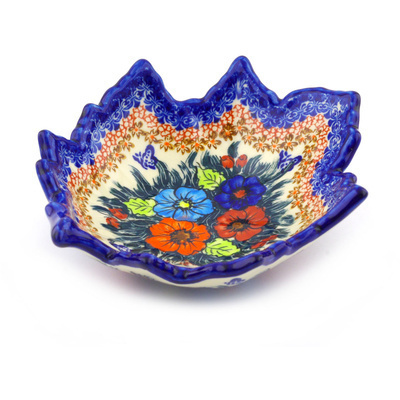 Polish Pottery Leaf Shaped Bowl 9&quot; Butterfly Splendor UNIKAT