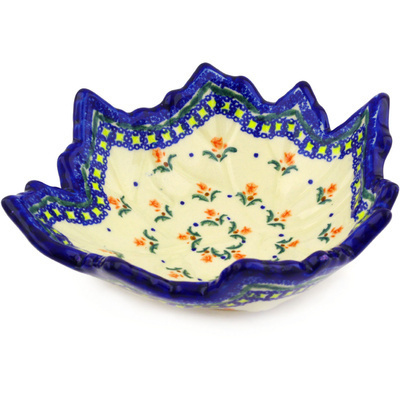 Polish Pottery Leaf Shaped Bowl 9&quot; Cocentric Tulips