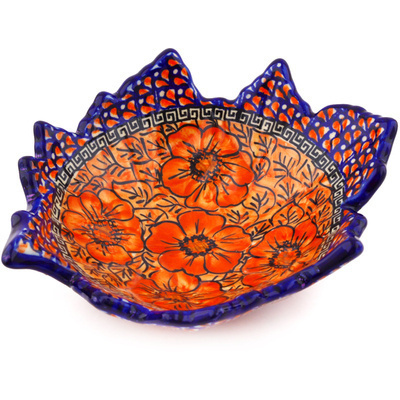 Polish Pottery Leaf Shaped Bowl 9&quot; Fire Poppies UNIKAT