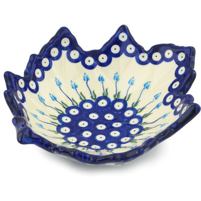Polish Pottery Leaf Shaped Bowl 9&quot; Peacock Tulip Garden