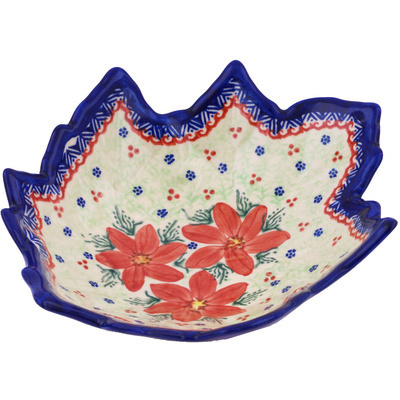 Polish Pottery Leaf Shaped Bowl 9&quot; Poinsettia UNIKAT