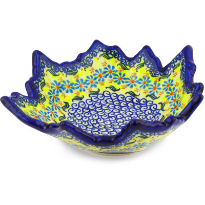 Polish Pottery Leaf Shaped Bowl 9&quot; Sunshine Blooms
