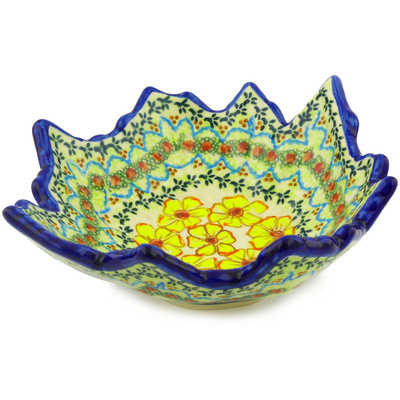 Polish Pottery Leaf Shaped Bowl 9&quot; Yellow Sunshine