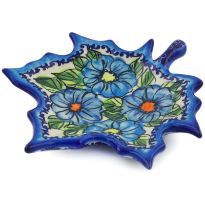 Polish Pottery Leaf Shaped Platter 7&quot; Bold Blue Poppies UNIKAT