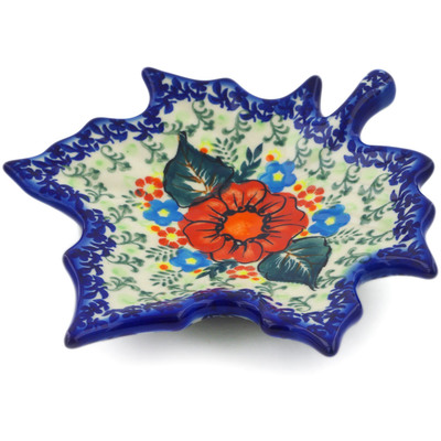 Polish Pottery Leaf Shaped Platter 7&quot; Bold Red Poppies UNIKAT