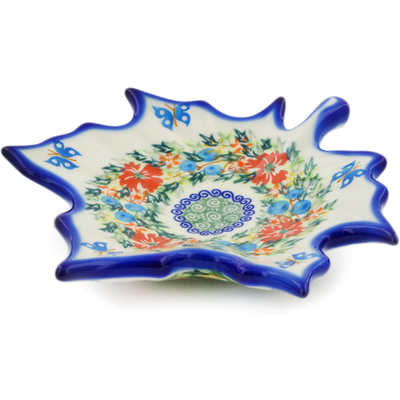 Polish Pottery Leaf Shaped Platter 7&quot; Ring Of Flowers UNIKAT