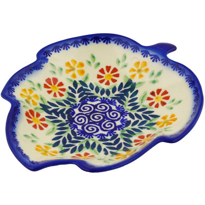 Polish Pottery Leaf Shaped Platter 7&quot; Wave Of Flowers