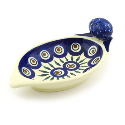 Polish Pottery Lemon Plate with Toothpick Holder 8&quot; Blue Peacock