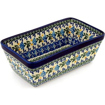 Polish Pottery Loaf Pan 8&quot; Blue Fan Flowers
