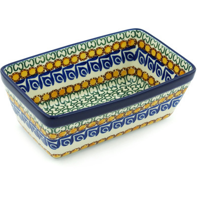 Polish Pottery Loaf Pan 8&quot; Blue Leaves