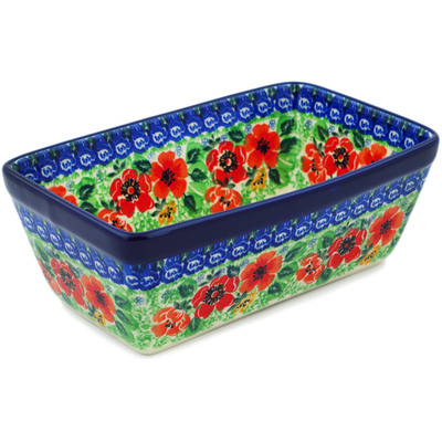 Polish Pottery Loaf Pan 8&quot; Candy Red Poppy UNIKAT