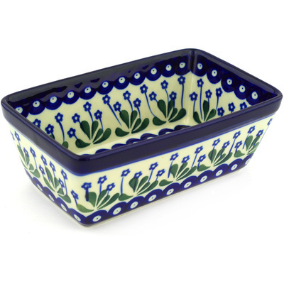 Polish Pottery Loaf Pan 8&quot; Forget-me-not Peacock