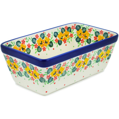 Polish Pottery Loaf Pan 8&quot; Golden Pansy Garden