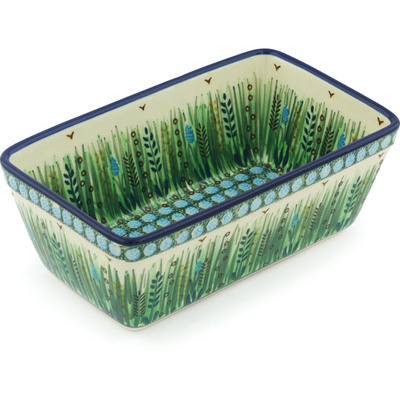 Polish Pottery Loaf Pan 8&quot; Green Prairie UNIKAT