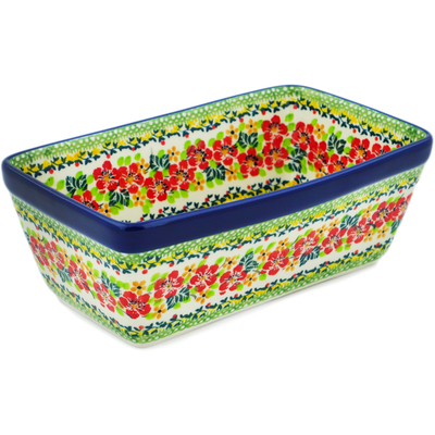 Polish Pottery Loaf Pan 8&quot; Red Flora On Green Daisy UNIKAT